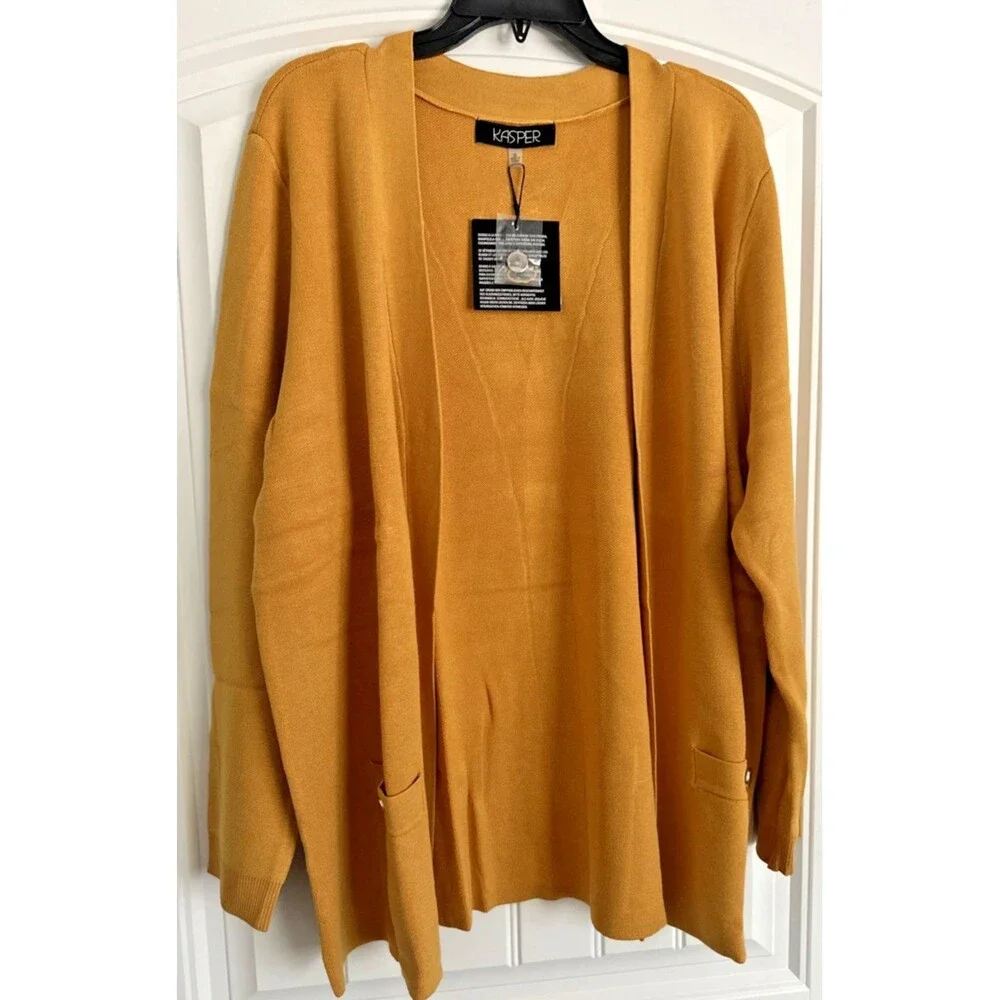 Kasper women's Open-Front Long-Sleeve Sweater Cardigan w.Pockets Yellow Gold XL